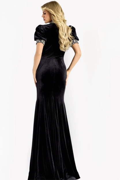 Luxurious Mermaid High Neck Puffed Short Sleeve Beaded Back Floor-Length Evening Dress