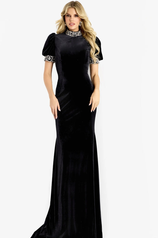 Luxurious Mermaid High Neck Puffed Short Sleeve Beaded Back Floor-Length Evening Dress