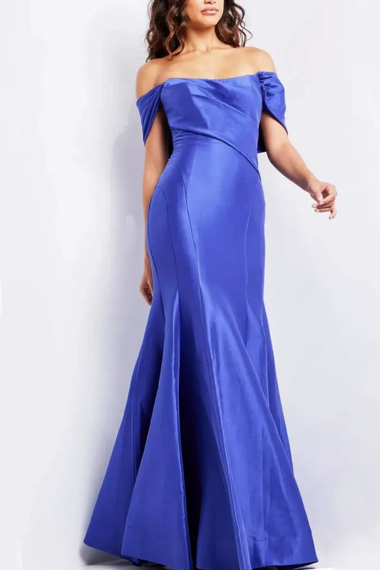 Luxurious Mermaid Off-the-Shoulder Short Sleeve Draped Back Floor-Length Satin Evening Dress