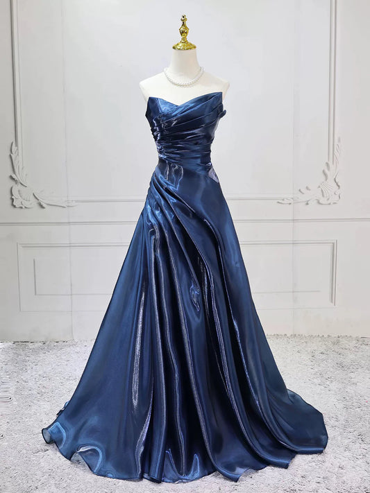 Elegant Navy Blue Satin A-Line Strapless Ruched Lace-Up Back Prom Dresses