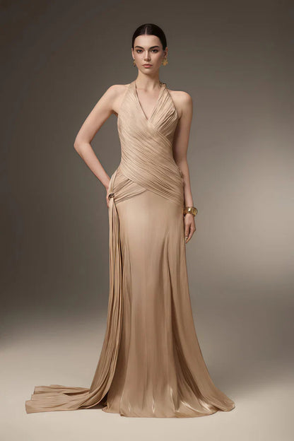 Luxurious Ruched Halter Neck Sleeveless Corset Back Floor Length Evening Dress
