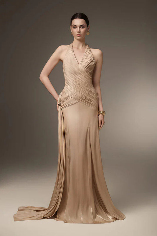 Luxurious Ruched Halter Neck Sleeveless Corset Back Floor Length Evening Dress