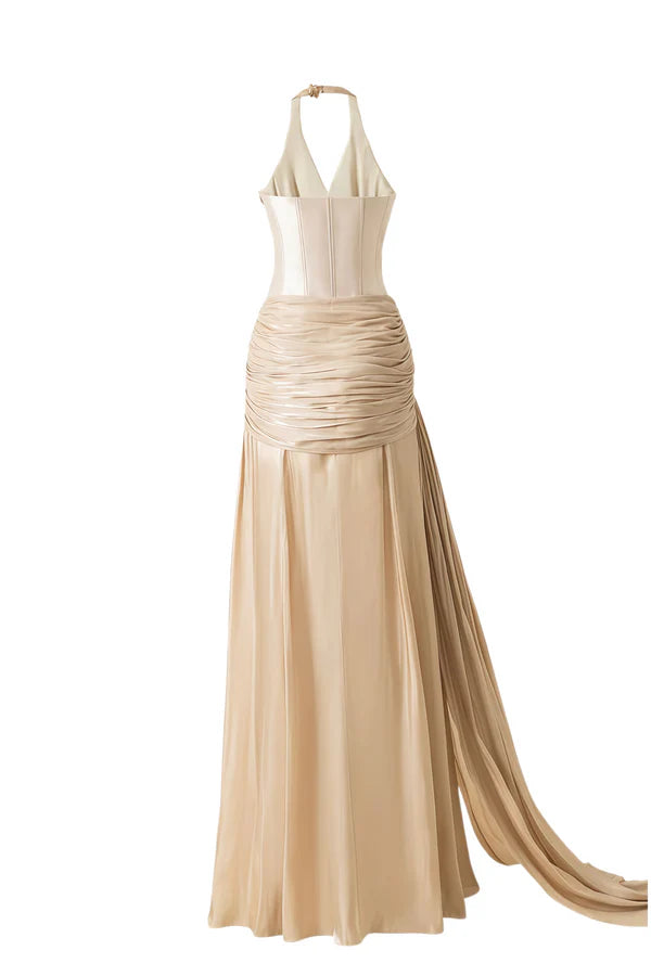 Luxurious Ruched Halter Neck Sleeveless Corset Back Floor Length Evening Dress