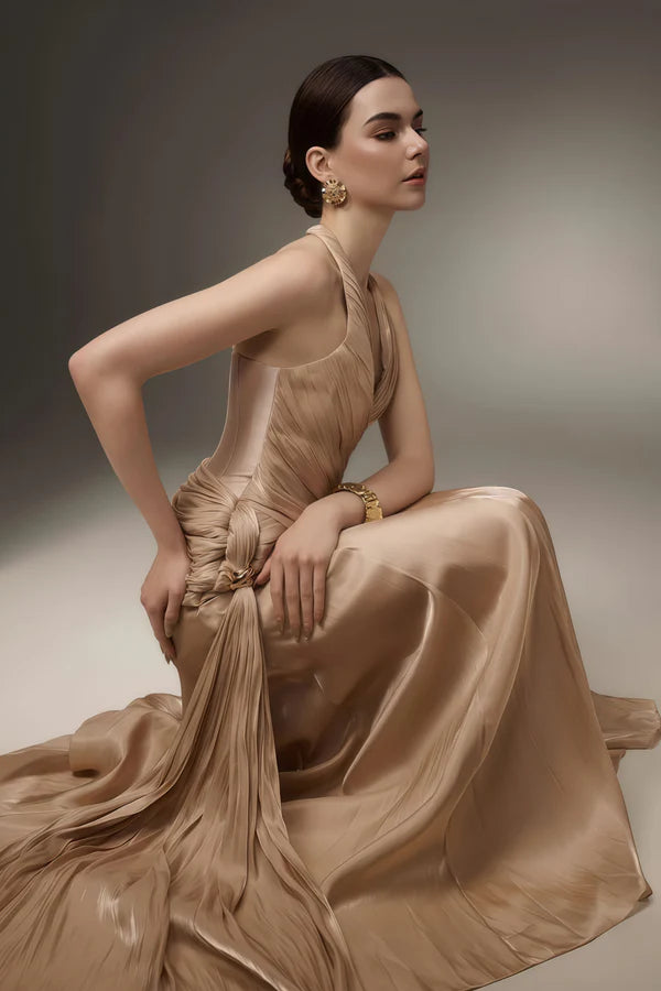 Luxurious Ruched Halter Neck Sleeveless Corset Back Floor Length Evening Dress