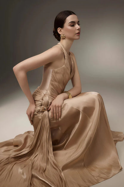 Luxurious Ruched Halter Neck Sleeveless Corset Back Floor Length Evening Dress