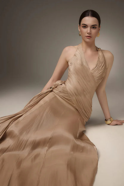 Luxurious Ruched Halter Neck Sleeveless Corset Back Floor Length Evening Dress
