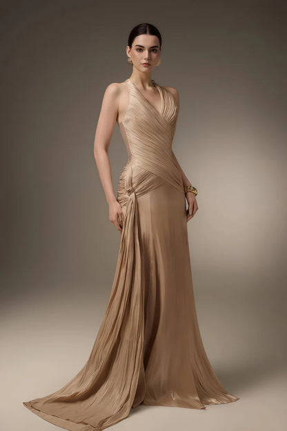 Luxurious Ruched Halter Neck Sleeveless Corset Back Floor Length Evening Dress