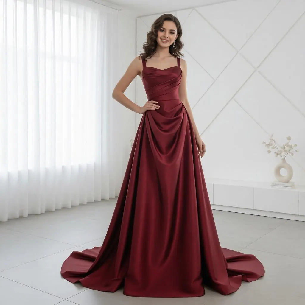 Luxurious Satin Ball Gown Sweetheart Neck Spaghetti Strap Lace-Up Back Sweep Train Evening Dress