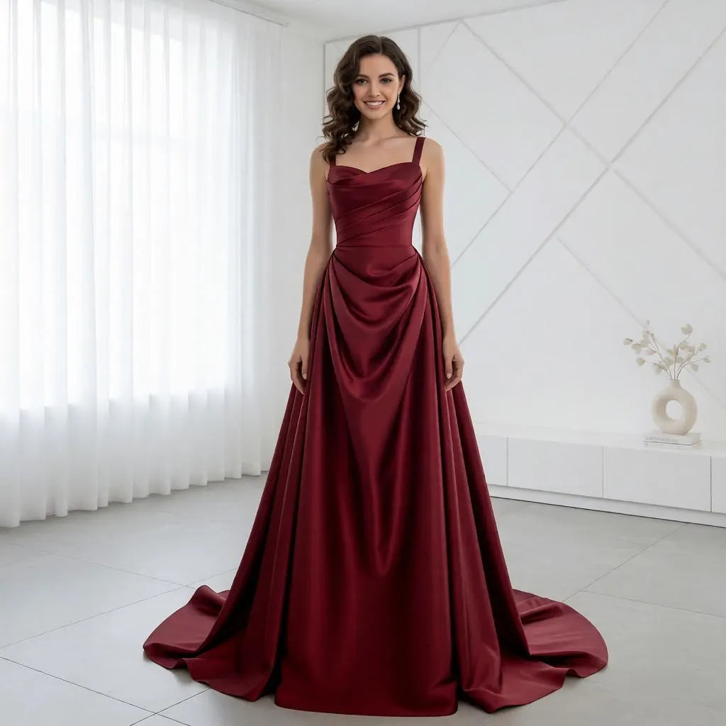 Luxurious Satin Ball Gown Sweetheart Neck Spaghetti Strap Lace-Up Back Sweep Train Evening Dress