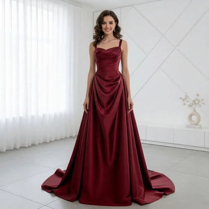 Luxurious Satin Ball Gown Sweetheart Neck Spaghetti Strap Lace-Up Back Sweep Train Evening Dress