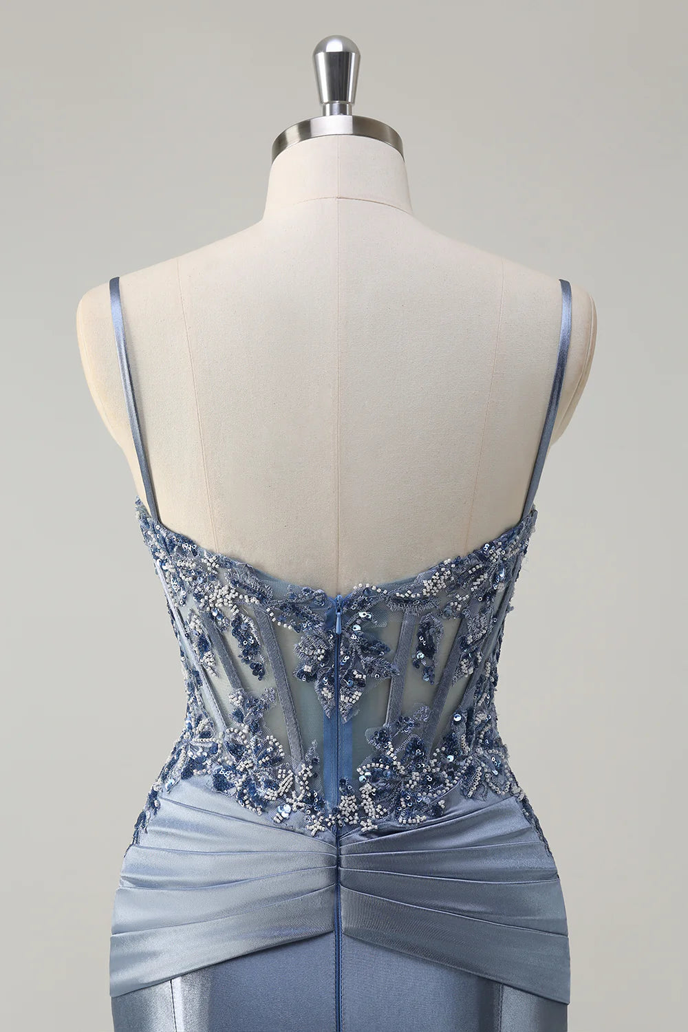 Luxurious Spaghetti Strap Beaded Lace Corset Mermaid Satin Prom Dresses with Sweeping Train