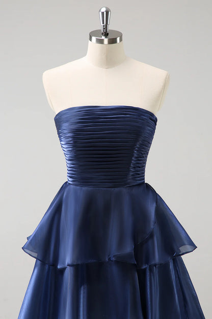 Luxurious Strapless Sweetheart Beaded Corset Tiered Ruffled Satin Prom Dresses with Sweeping Train