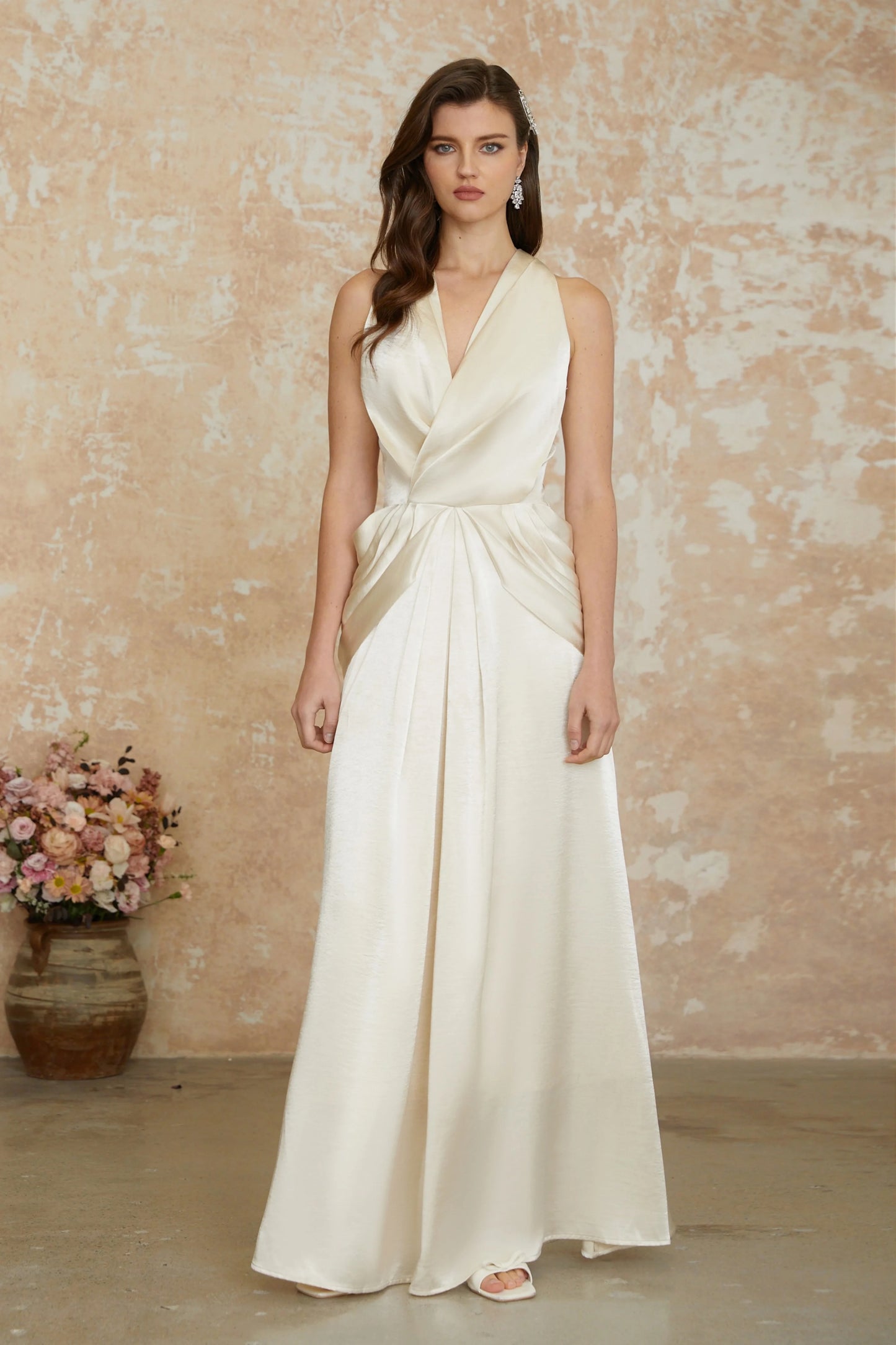 Luxurious Satin A-Line Halter Neck Sleeveless Halter Back Floor-Length Draped Evening Dresses