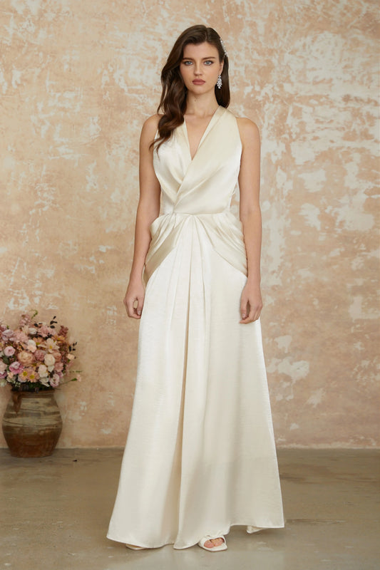 Luxurious Champagne Satin A-Line Halter Neck Draped Floor-Length Evening Gown