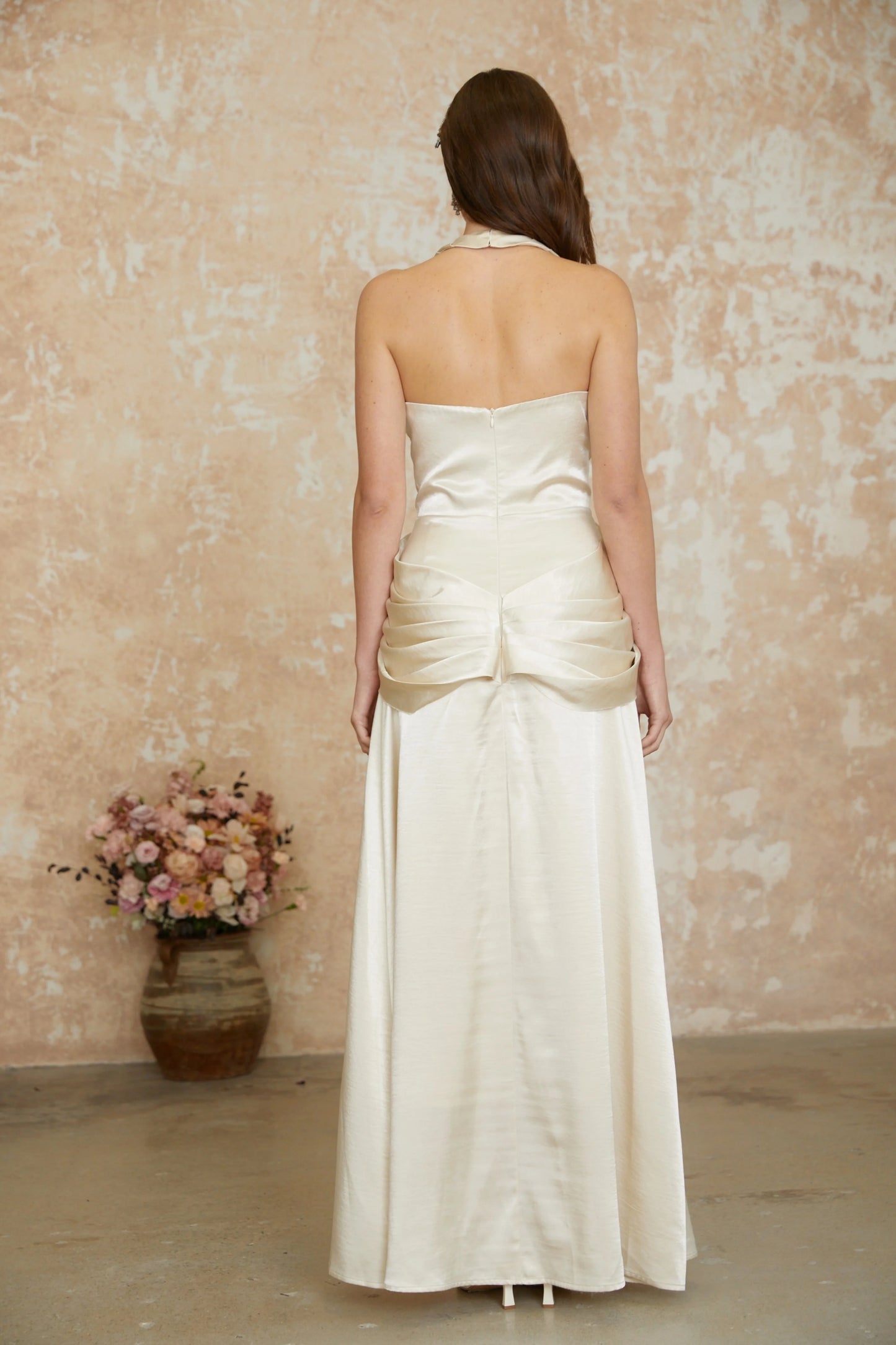 Luxurious Satin A-Line Halter Neck Sleeveless Halter Back Floor-Length Draped Evening Dresses