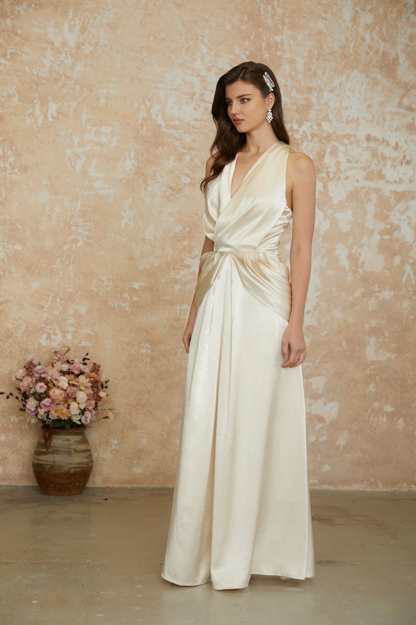 Luxurious Satin A-Line Halter Neck Sleeveless Halter Back Floor-Length Draped Evening Dresses