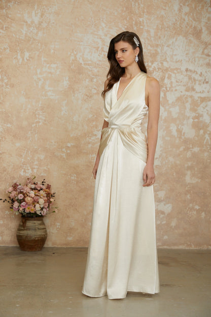 Luxurious Satin A-Line Halter Neck Sleeveless Halter Back Floor-Length Draped Evening Dresses