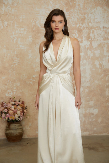 Luxurious Satin A-Line Halter Neck Sleeveless Halter Back Floor-Length Draped Evening Dresses