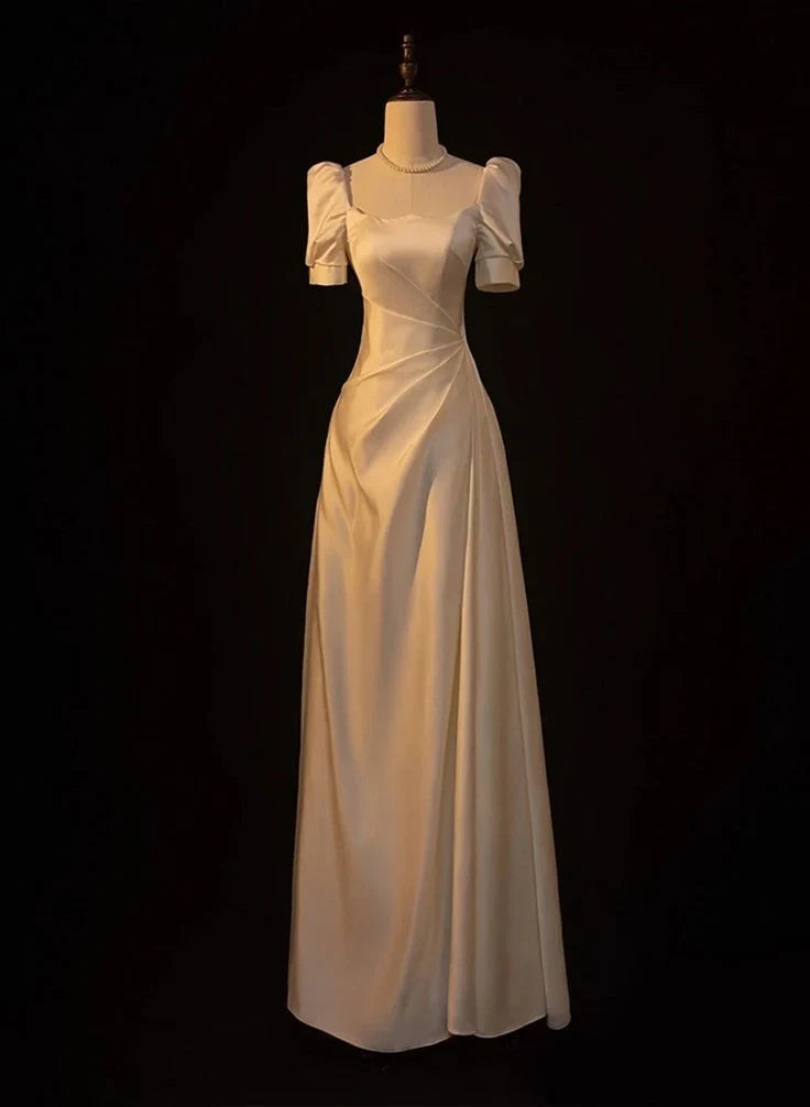 Luxurious Satin A-Line Square Neck Puff Sleeve Lace-Up Back Floor-Length Evening Dresses