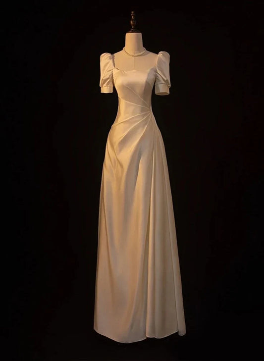 Luxurious Satin A-Line Square Neck Puff Sleeve Lace-Up Back Floor-Length Evening Dresses