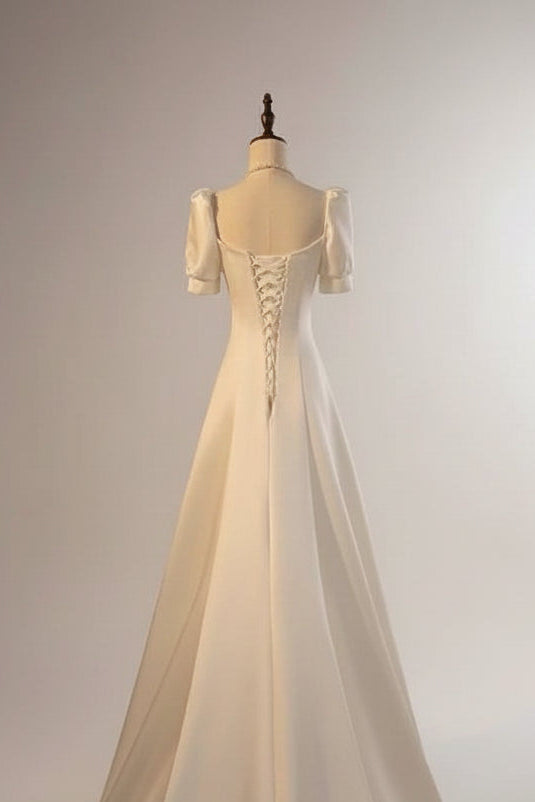 Luxurious Satin A-Line Square Neck Puff Sleeve Lace-Up Back Floor-Length Evening Dresses