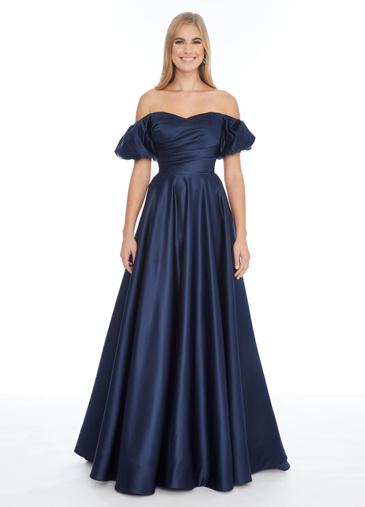 Luxurious Satin A-Line Sweetheart Off-the-Shoulder Puffy Short Sleeve Closed Back Floor-Length Evening Dresses