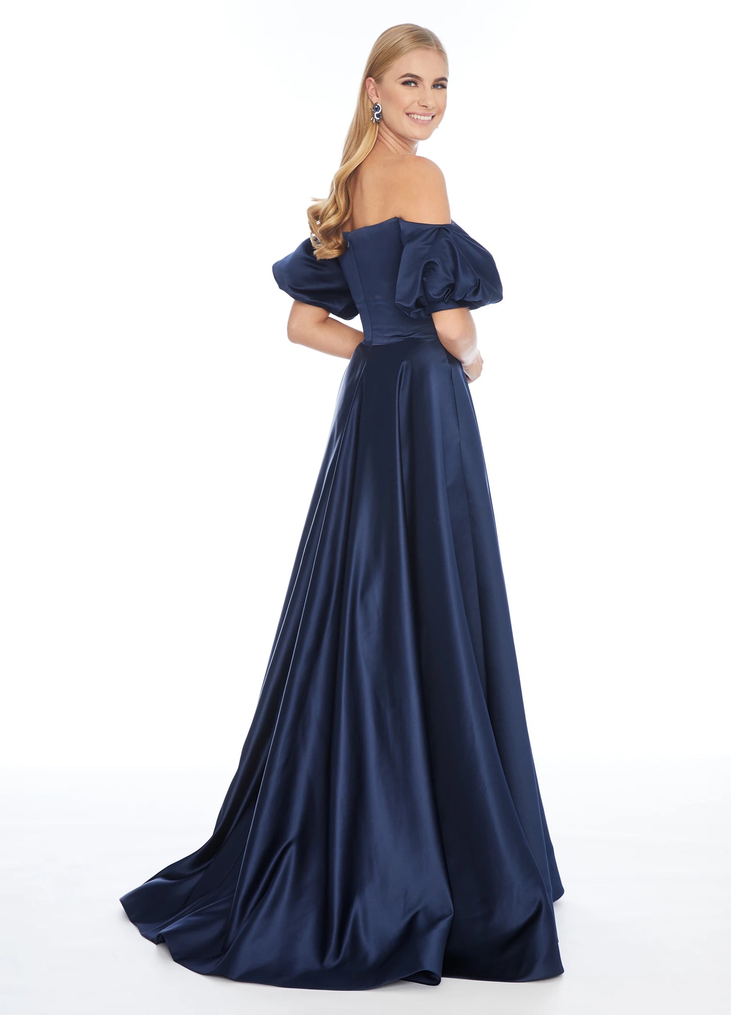 Luxurious Satin A-Line Sweetheart Off-the-Shoulder Puffy Short Sleeve Closed Back Floor-Length Evening Dresses
