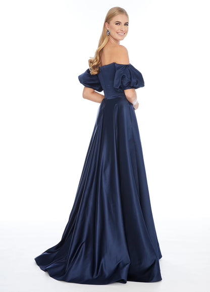 Luxurious Satin A-Line Sweetheart Off-the-Shoulder Puffy Short Sleeve Closed Back Floor-Length Evening Dresses
