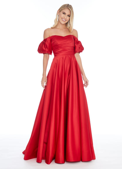 Luxurious Satin A-Line Sweetheart Off-the-Shoulder Puffy Short Sleeve Closed Back Floor-Length Evening Dresses