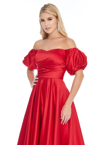 Luxurious Satin A-Line Sweetheart Off-the-Shoulder Puffy Short Sleeve Closed Back Floor-Length Evening Dresses