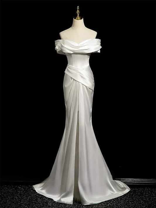 Luxurious Satin Mermaid Off-Shoulder Sleeveless Lace-Up Back Floor-Length Wedding Dresses