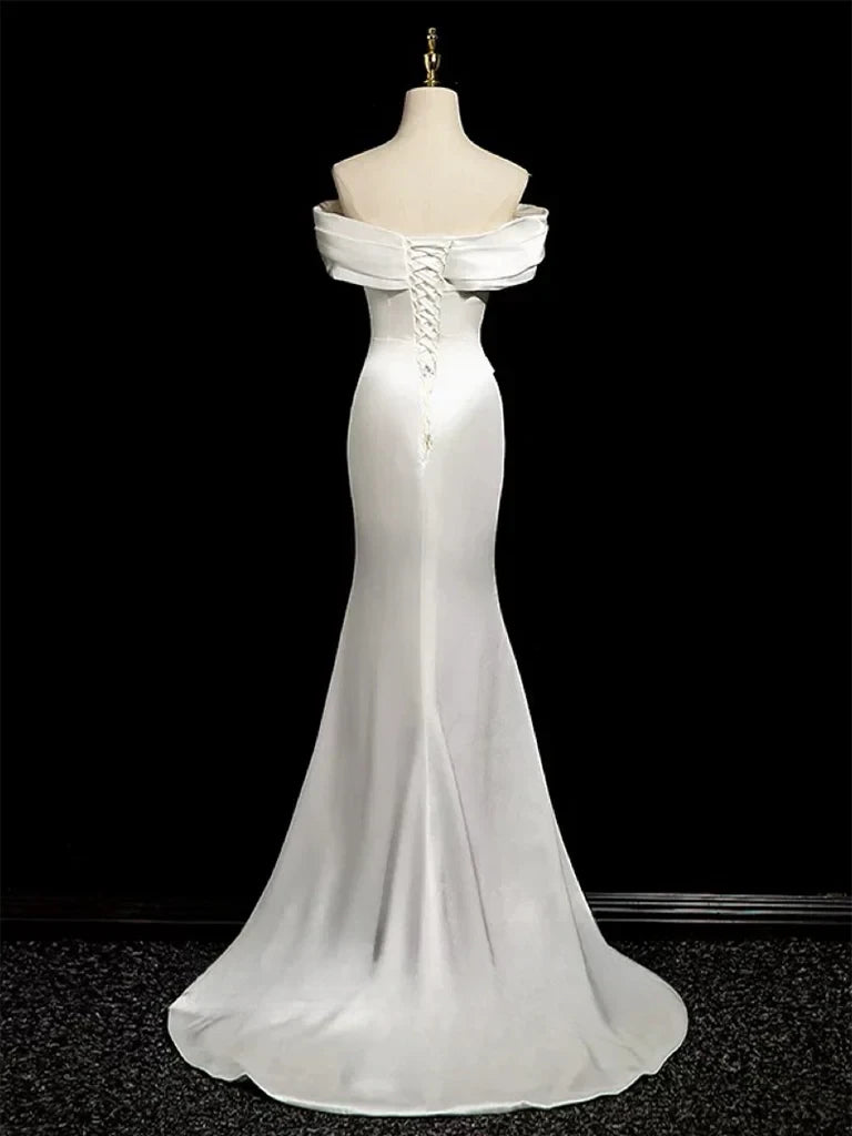 Luxurious Satin Mermaid Off-Shoulder Sleeveless Lace-Up Back Floor-Length Wedding Dresses