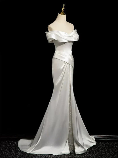 Luxurious Satin Mermaid Off-Shoulder Sleeveless Lace-Up Back Floor-Length Wedding Dresses