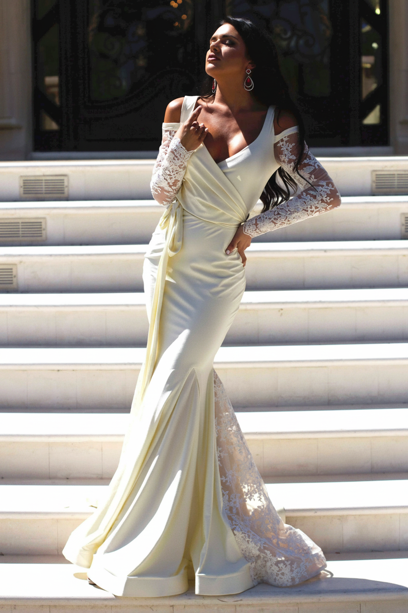 Luxurious Satin Mermaid Plunge V-Neck Long Sleeve High Back Floor-Length Evening Dresses