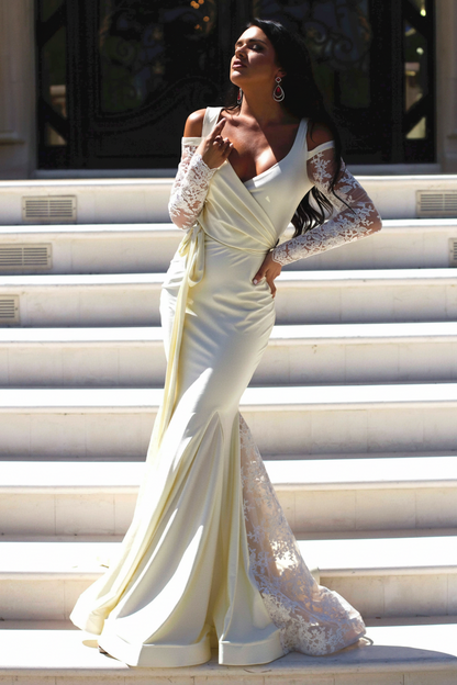 Luxurious Satin Mermaid Plunge V-Neck Long Sleeve High Back Floor-Length Evening Dresses