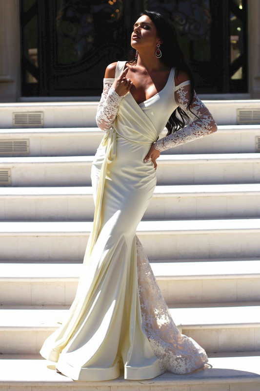 Luxurious Satin Mermaid Plunge V-Neck Long Sleeve High Back Floor-Length Evening Dresses