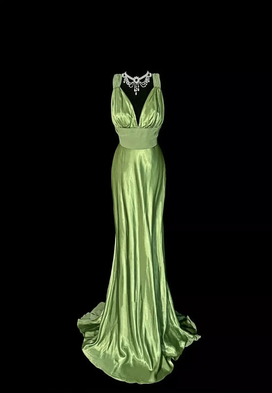 Luxurious Satin Mermaid Plunging V-neck Sleeveless Open Back Floor-Length Prom Dresses