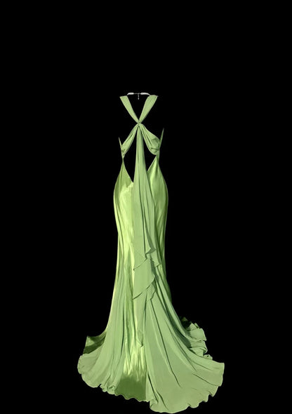 Luxurious Satin Mermaid Plunging V-neck Sleeveless Open Back Floor-Length Prom Dresses