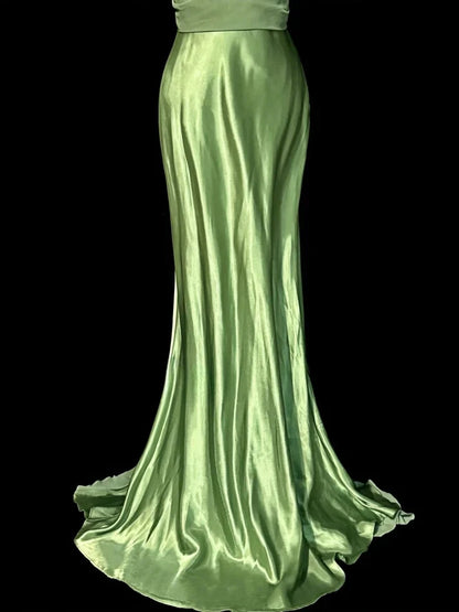 Luxurious Satin Mermaid Plunging V-neck Sleeveless Open Back Floor-Length Prom Dresses