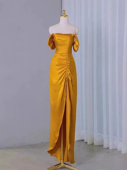 Luxurious Satin Sheath Off-Shoulder Sweetheart Puffy Short Sleeve Lace-Up Back Floor-Length Slit Evening Dresses