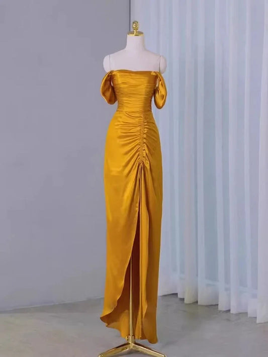 Luxurious Satin Sheath Off-Shoulder Sweetheart Puffy Short Sleeve Lace-Up Back Floor-Length Slit Evening Dresses