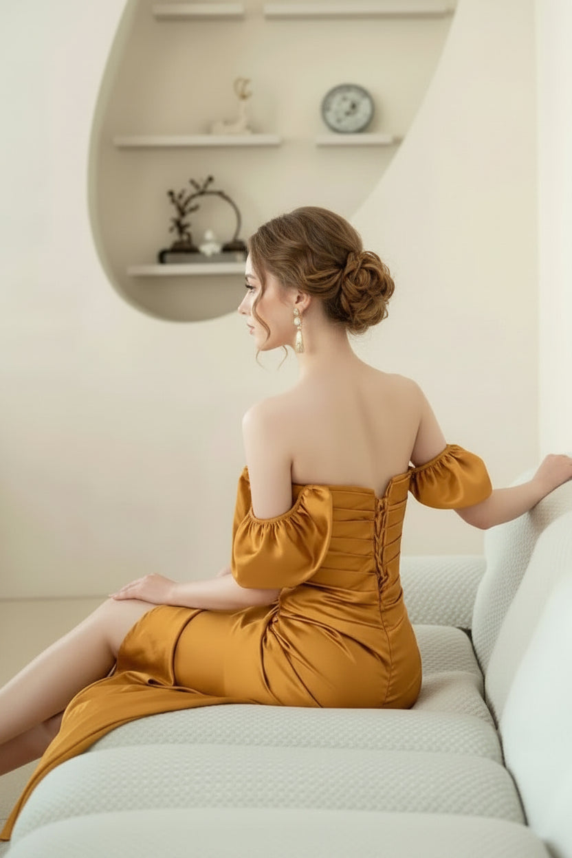 Luxurious Satin Sheath Off-Shoulder Sweetheart Puffy Short Sleeve Lace-Up Back Floor-Length Slit Evening Dresses