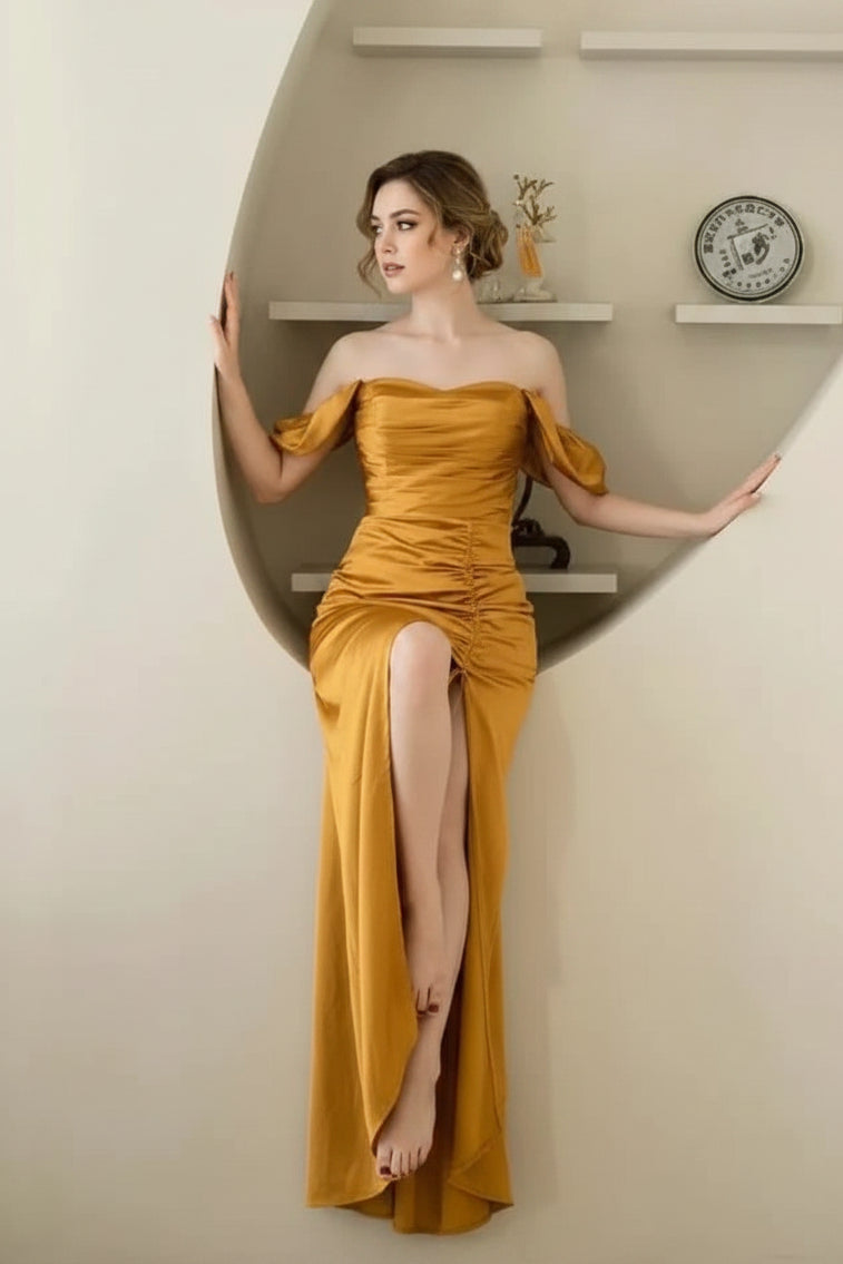 Luxurious Satin Sheath Off-Shoulder Sweetheart Puffy Short Sleeve Lace-Up Back Floor-Length Slit Evening Dresses
