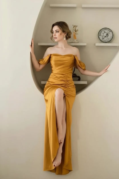 Luxurious Satin Sheath Off-Shoulder Sweetheart Puffy Short Sleeve Lace-Up Back Floor-Length Slit Evening Dresses
