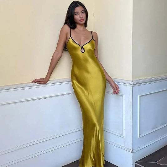 Luxurious Satin Sheath V-Neck Sleeveless Backless Floor-Length Evening Dresses
