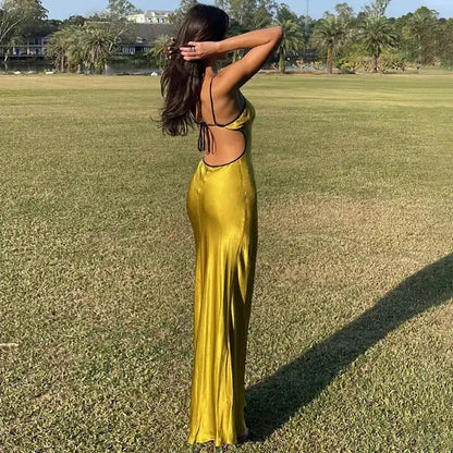 Luxurious Satin Sheath V-Neck Sleeveless Backless Floor-Length Evening Dresses