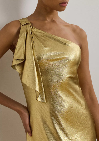 Luxurious one shoulder metallic evening gown with bow detail and floor-length skirt
