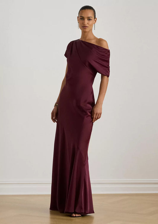 Metallic Satin One-Shoulder Draped Mermaid Evening Dresses