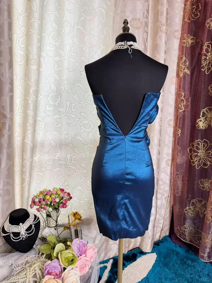 Luxury Bodycon Strapless Origami Bust Deep V Back Floral Appliqué Satin Mini Homecoming Dress