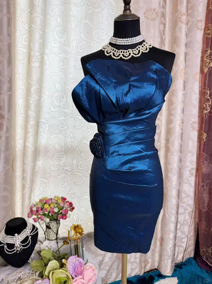 Luxury Bodycon Strapless Origami Bust Deep V Back Floral Appliqué Satin Mini Homecoming Dress